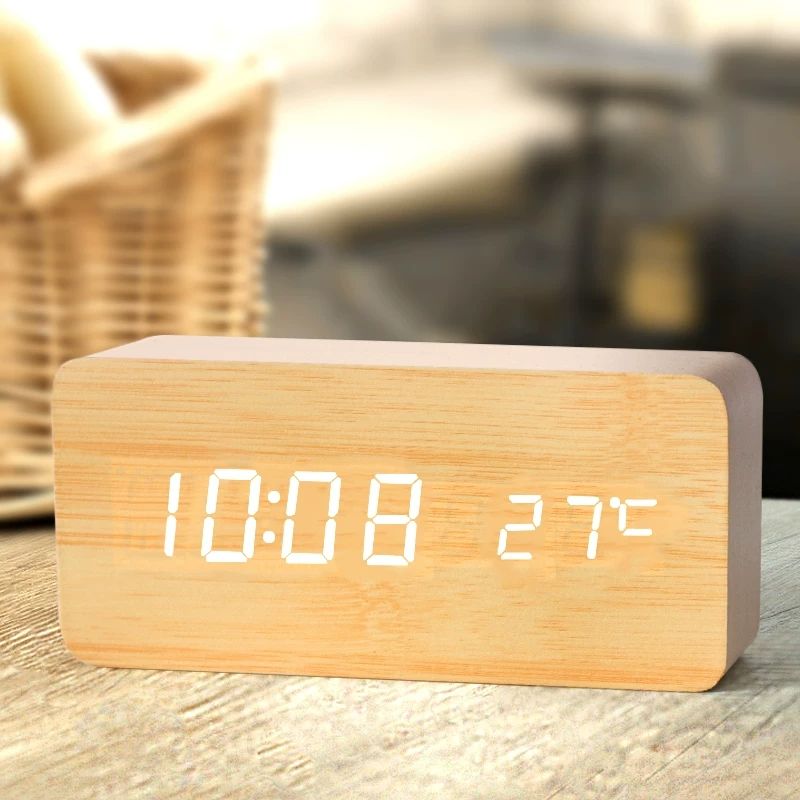 Led Desk Clock - Houten digitale wekker, LED-wekker met temperatuurbureauklokken