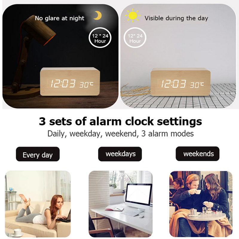 Houten digitale wekker, LED-we - Led Desk Clock recensie en prijs